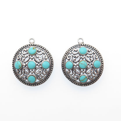 925 Sterling Silver Vintage Real Lone Mountain Turquoise Ornate Jacket Earrings