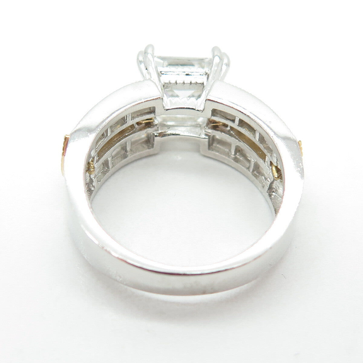 925 Sterling Silver 2-Tone Cushion Emerald & Round-Cut Shaped C Z Ring Size 7