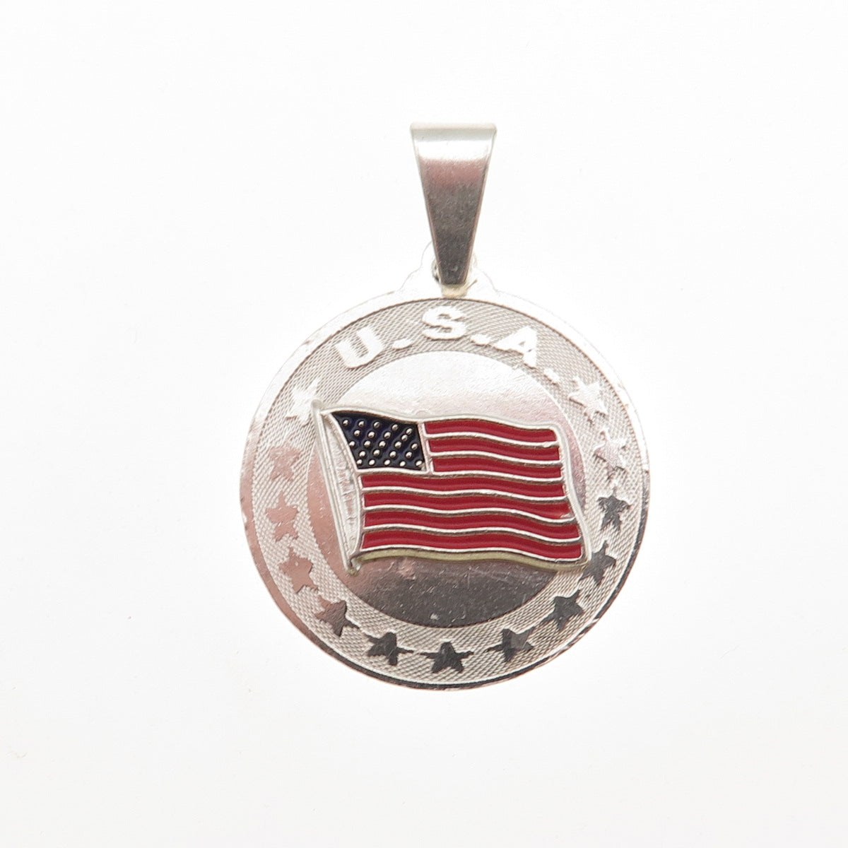 925 Sterling Silver Vintage Enamel USA Flag Round Tag Charm Pendant