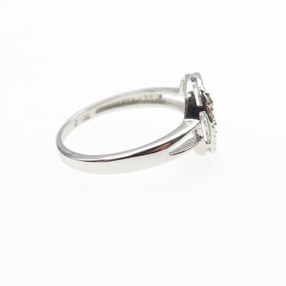925 Sterling Silver Real Round-Cut Diamond Fleur de Lis Ring Size 7