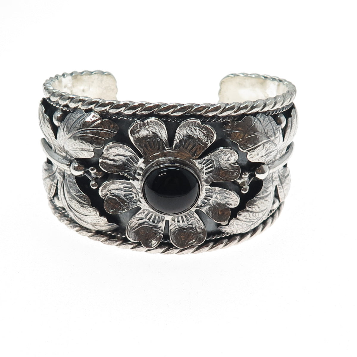 925 Sterling Silver Vintage PTP Mexico Black Onyx Heavy 85.5g Flower Bracelet 7"
