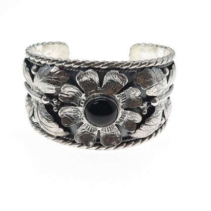 925 Sterling Silver Vintage PTP Mexico Black Onyx Heavy 85.5g Flower Bracelet 7"