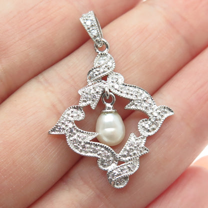 925 Sterling Silver Real Pearl & Round-Cut C Z Pendant