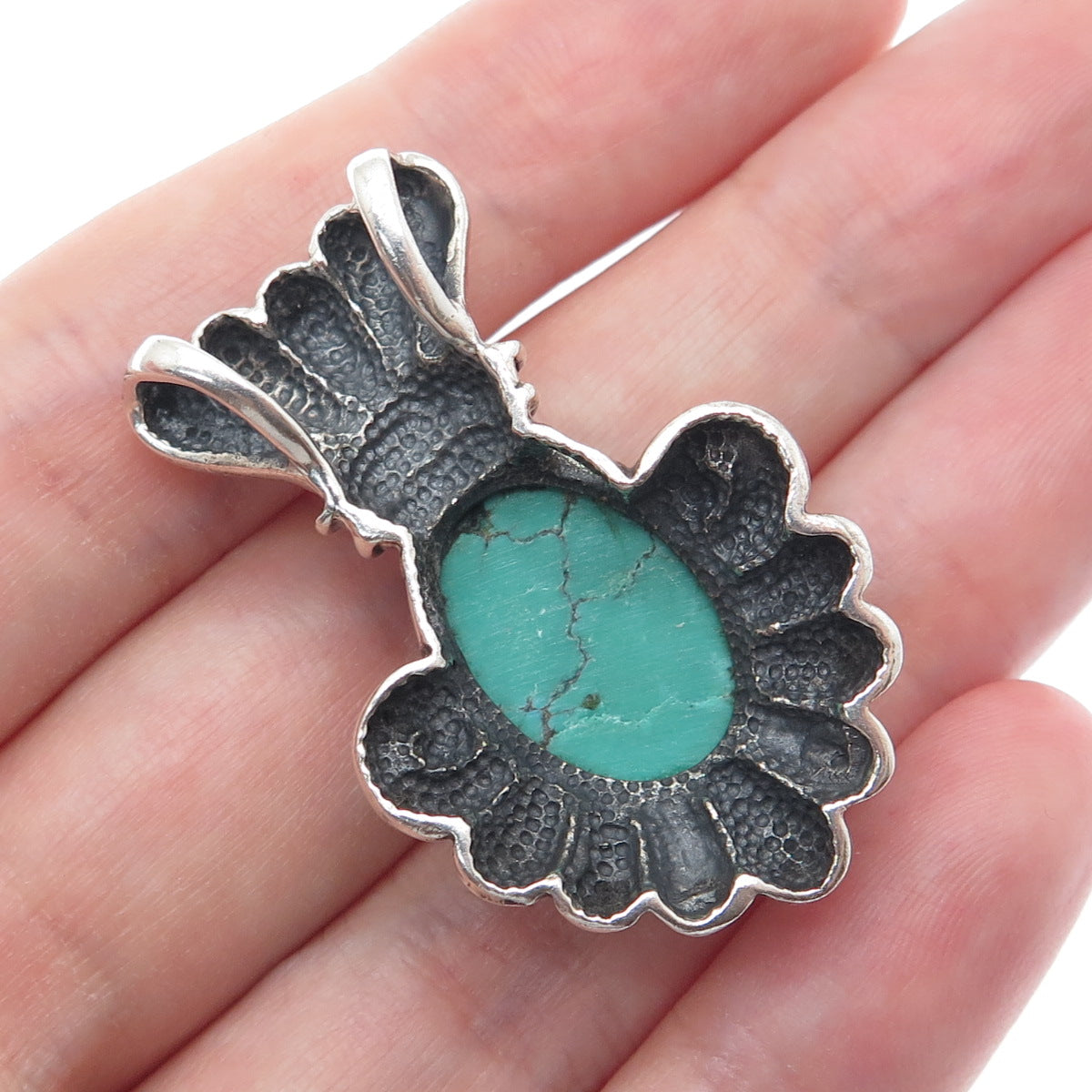 925 Sterling Silver Vintage Real Kingman Turquoise Ribbed Oxidized Slide Pendant