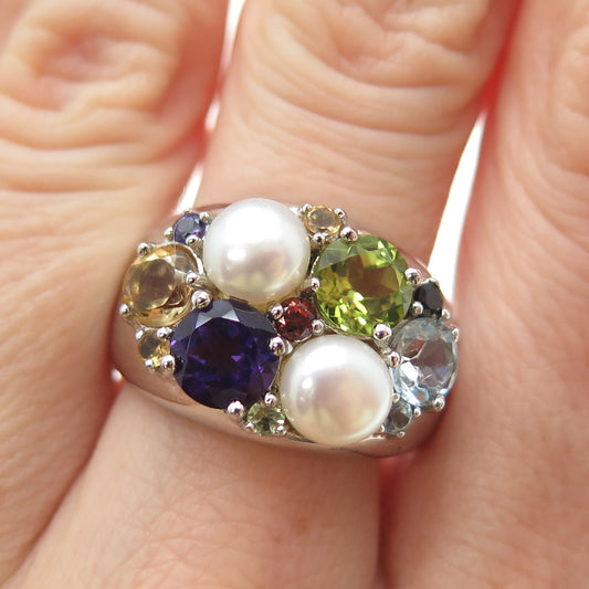 925 Sterling Silver Vintage Real Pearl & Multi-Color Gem Cluster Ring Size 9.25