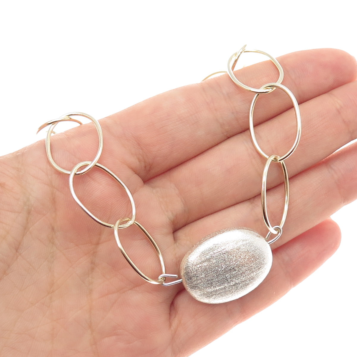 925 Sterling Silver 2-Tone Vintage Modernist Oval Chain Necklace 16"