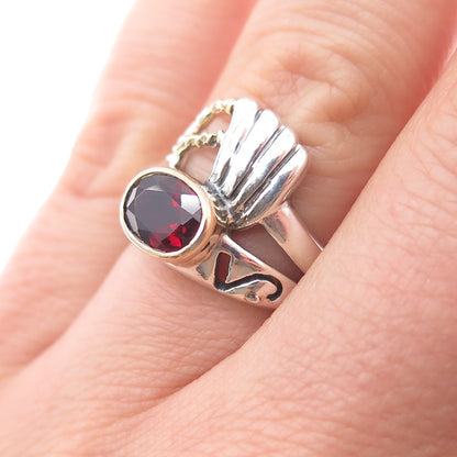 925 Sterling Silver 2-Tone Vintage Real Red Garnet Modernist Ring Size 5.75