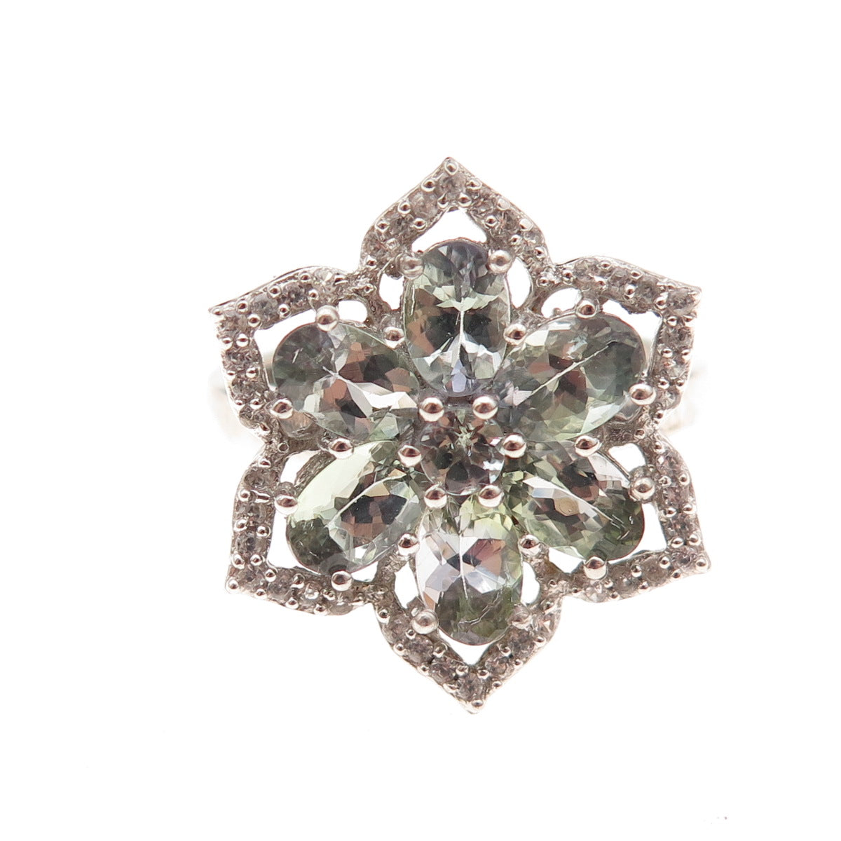 Chuck Clemency 925 Sterling Real Green Amethyst & White Topaz Floral Ring Size 8