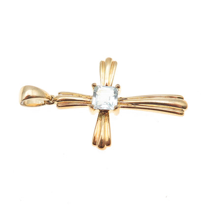925 Sterling Silver Gold Plated Vintage Real Blue Topaz Cross Charm Pendant