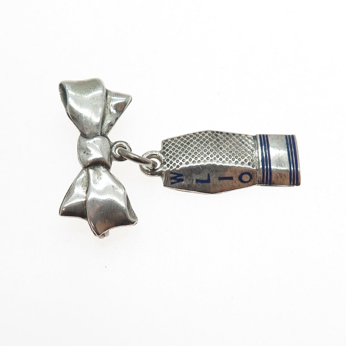 925 Sterling Silver Vintage Enamel WLIO Television Station Bow Oxidized Brooch