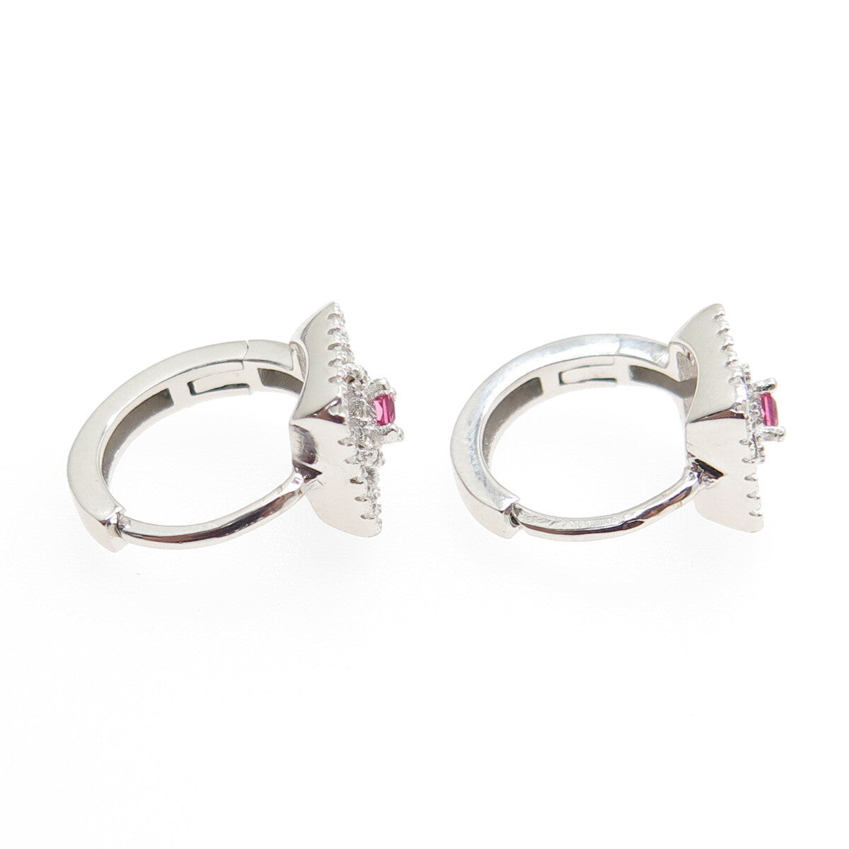 925 Sterling Silver Pink Princess-Cut & White Round-Cut Shaped C Z Hoop Earrings