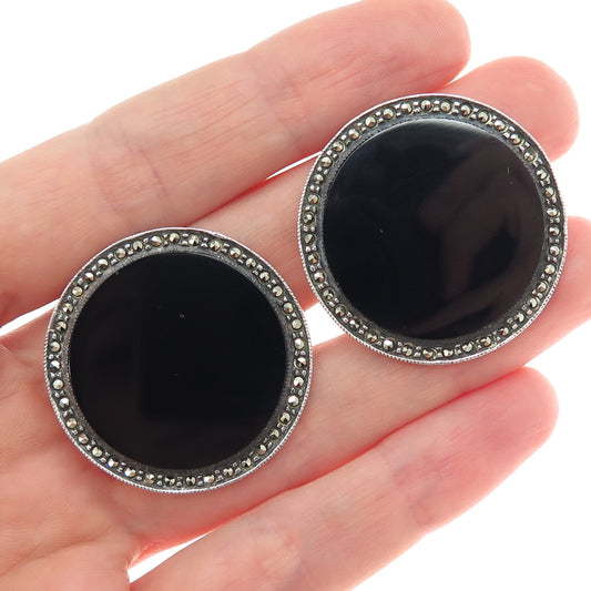 925 Sterling Silver Vintage Real Black Onyx & Marcasite Round Clip On Earrings