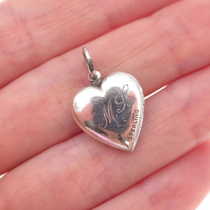 925 Sterling Silver Antique Art Deco Engraved Heart Chatelaine Charm Pendant