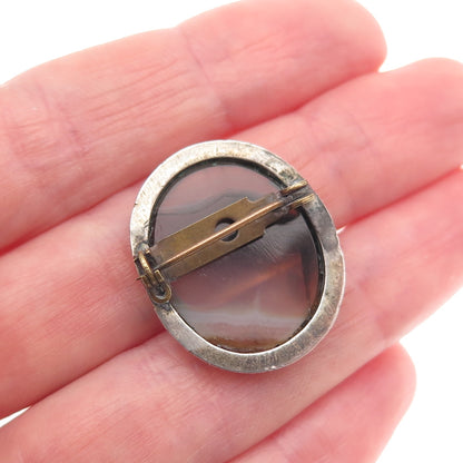 925 Sterling Silver Gold Plated Antique Art Deco Real Agate Pin Brooch