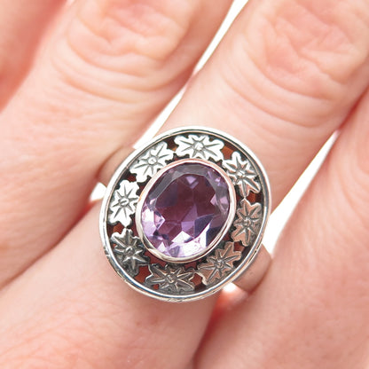 PSCL Peter Stone 925 Sterling Silver Vintage Real Amethyst Sun Ring Size 8.25