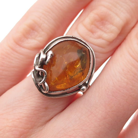 925 Sterling Silver Vintage JP Poland Real Amber Modernist Ring Size 4.75