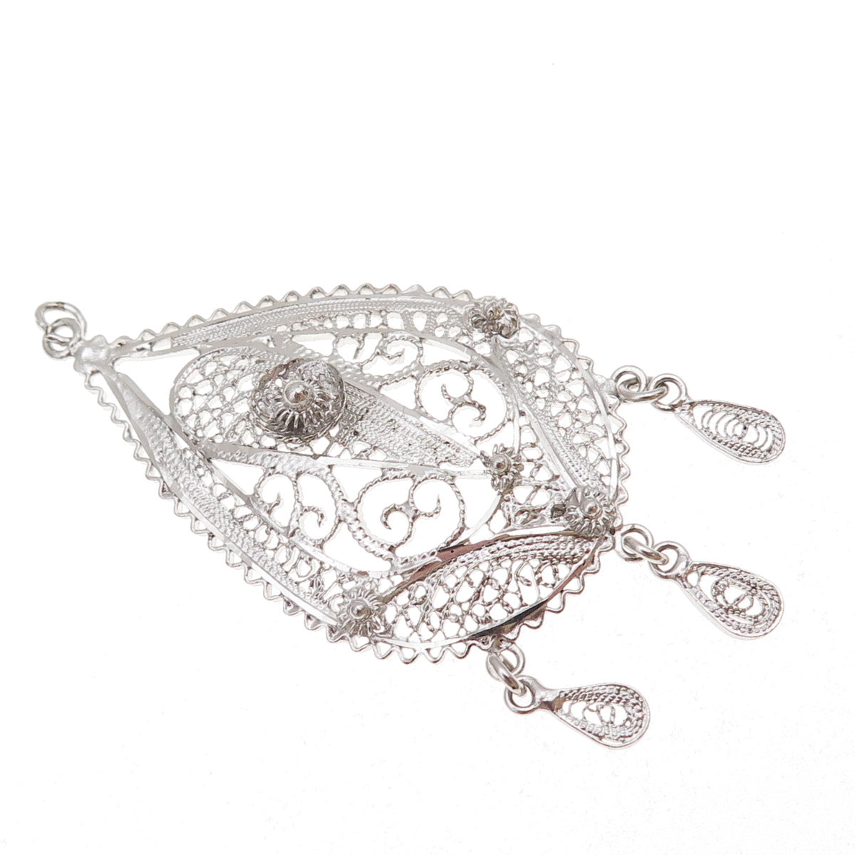 Van Lou Sterling Silver Antique Art Deco Cannetille Filigree Teardrop Pendant