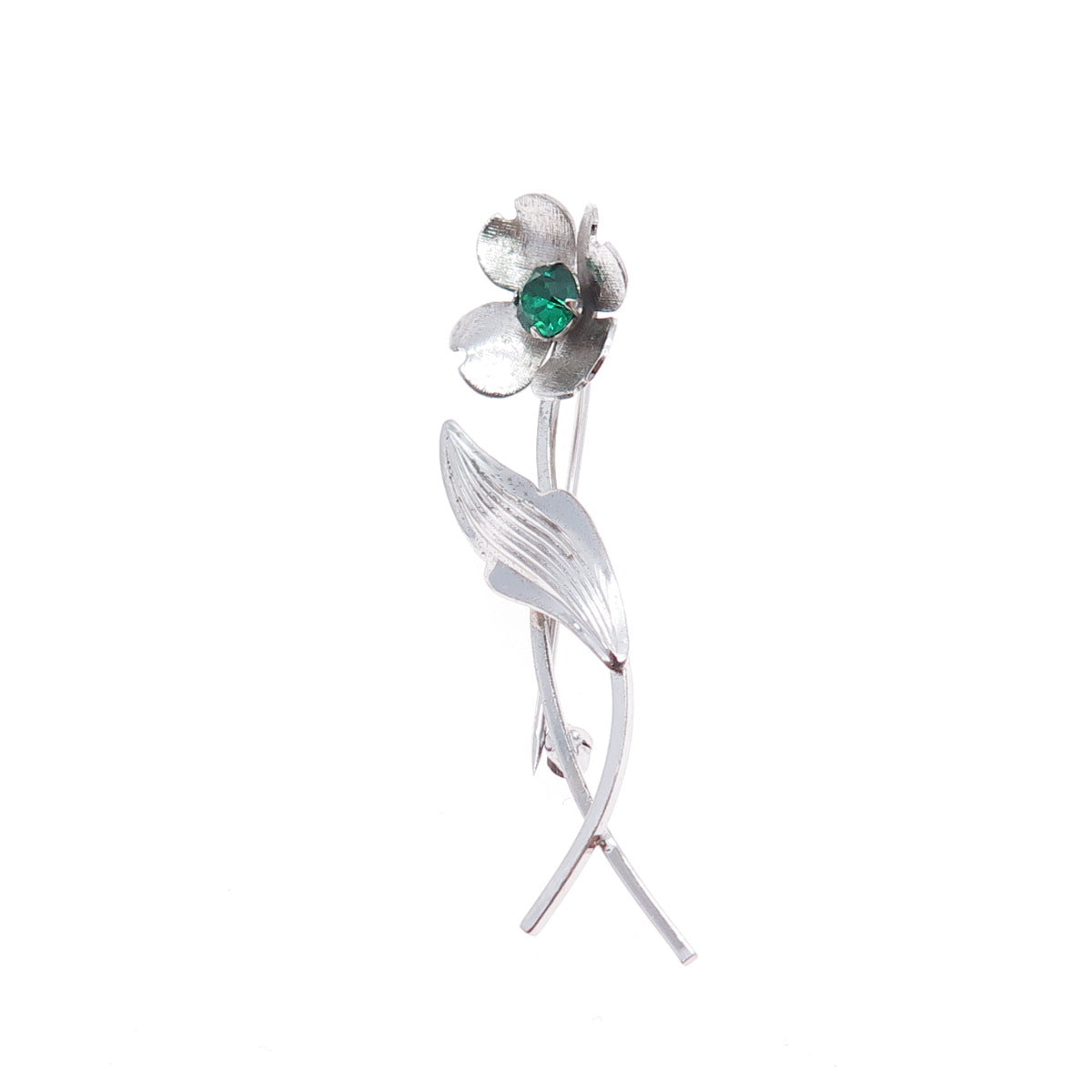 VAN DELL 925 Sterling Silver Vintage Green Rhinestone Flower Pin Brooch