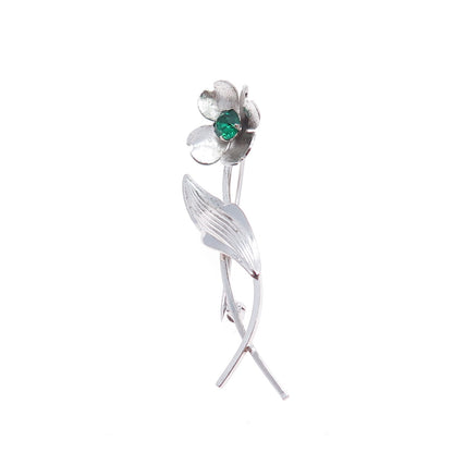 VAN DELL 925 Sterling Silver Vintage Green Rhinestone Flower Pin Brooch