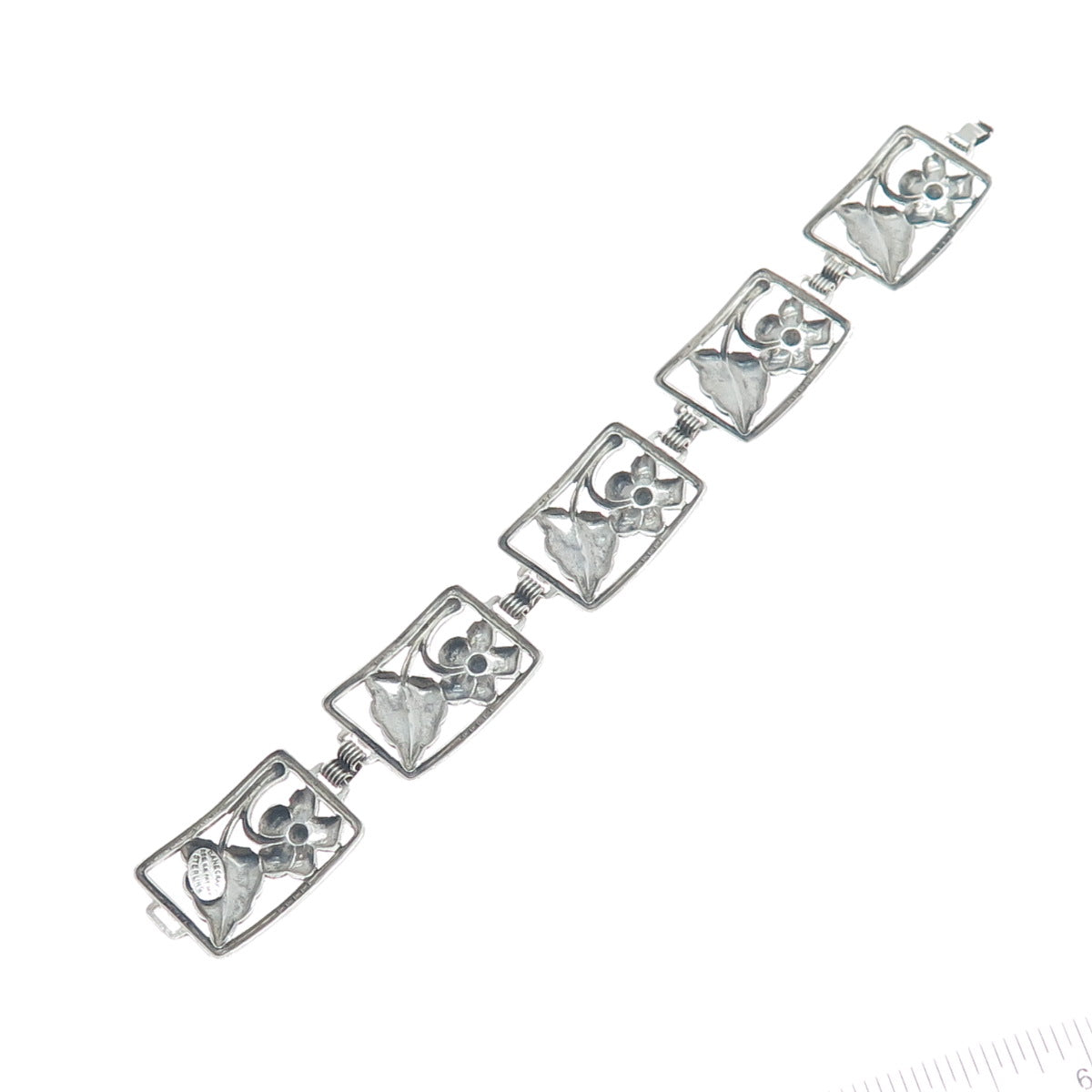 DANECRAFT 925 Sterling Silver Antique Art Deco Flower Panel Link Bracelet 7"