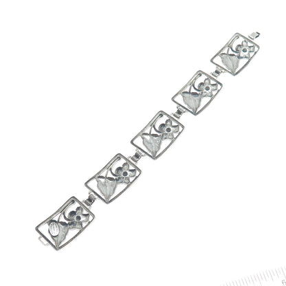 DANECRAFT 925 Sterling Silver Antique Art Deco Flower Panel Link Bracelet 7"