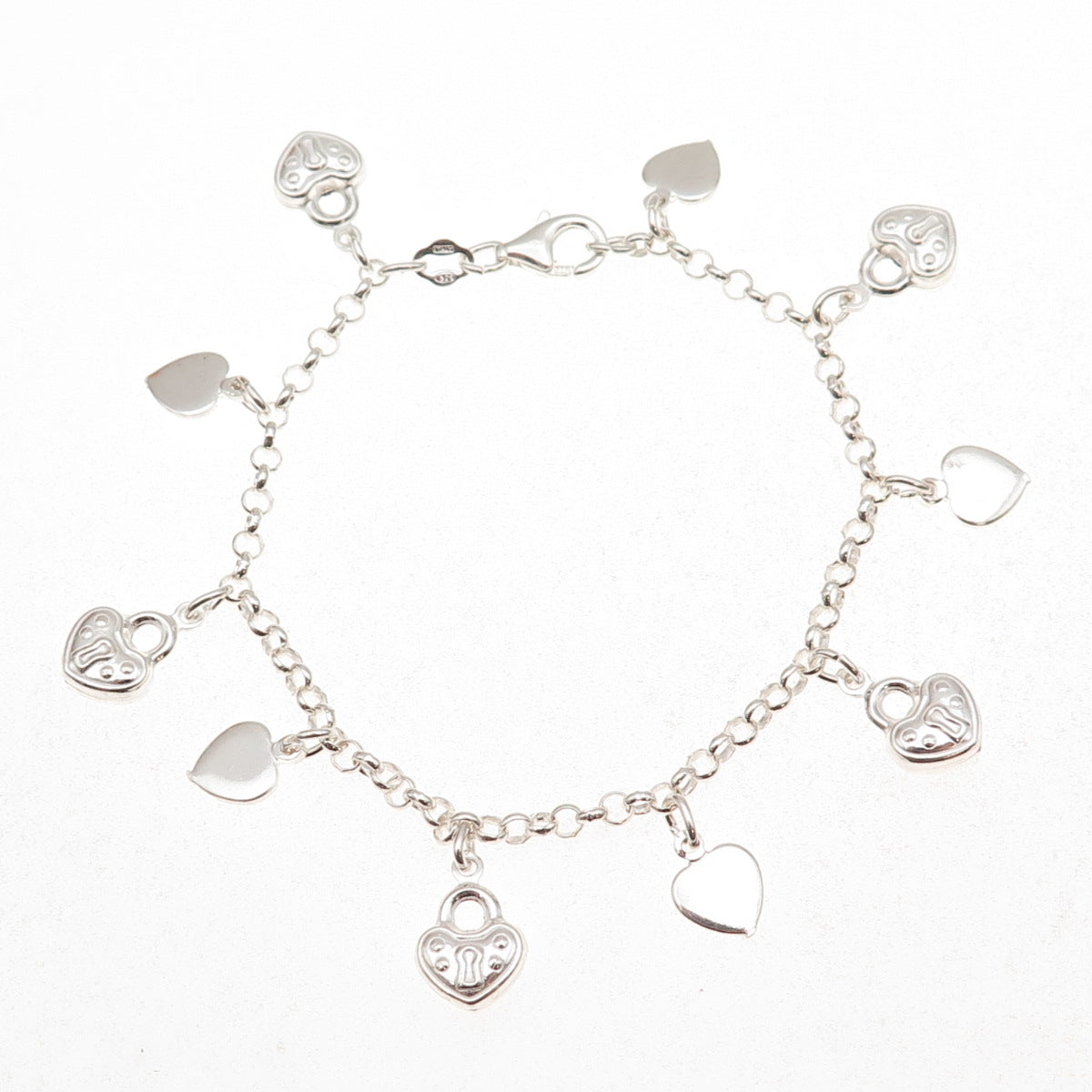 925 Sterling Silver Italy Heart Lock Dangle Charm Bracelet 6.75"