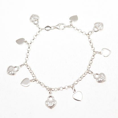 925 Sterling Silver Italy Heart Lock Dangle Charm Bracelet 6.75"