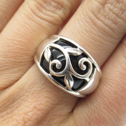 925 Sterling Silver Vintage Black Onyx Gem Twig Leaf Ring Size 7