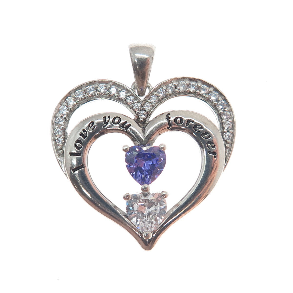 925 Sterling Silver Blue & White C Z "I Love You Forever" Heart Charm Pendant