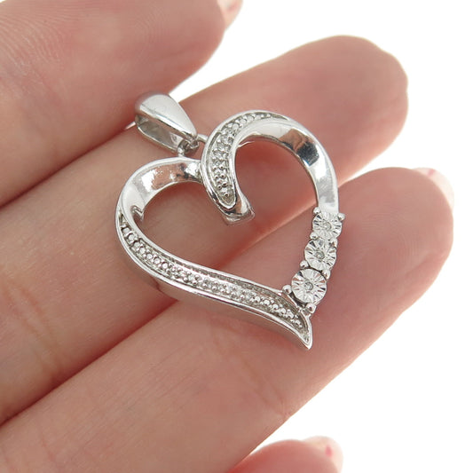 925 Sterling Silver Real Round-Cut Diamond Open Heart Pendant