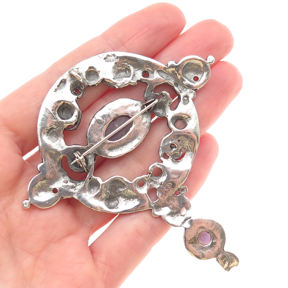 925 Sterling Silver Vintage Israel Real Amethyst Modernist Pin Brooch / Pendant