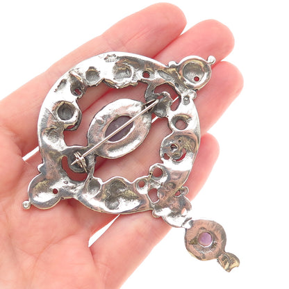 925 Sterling Silver Vintage Israel Real Amethyst Modernist Pin Brooch / Pendant