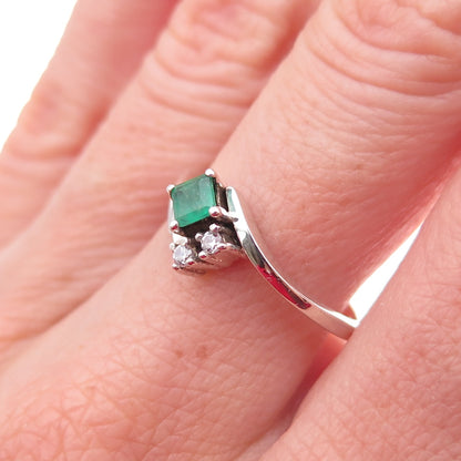 925 Sterling Silver Real Emerald & C Z Bypass Ring Size 7.25