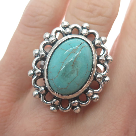 925 Sterling Silver Vintage Mountain Turquoise Flower Oxidized Ring Size 8.75
