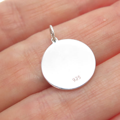 925 Sterling Silver Green Enamel Cat Round Tag Minimalist Charm Pendant