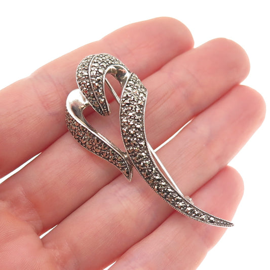 925 Sterling Silver Vintage Real Marcasite Heart Oxidized Pin Brooch