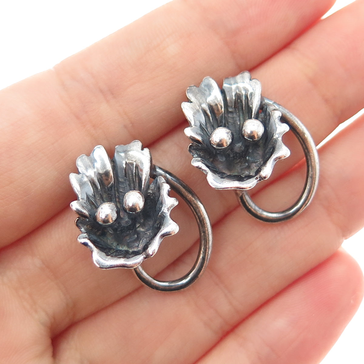 925 Sterling Silver Vintage Modernist Flower Oxidized Earrings