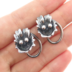 925 Sterling Silver Vintage Modernist Flower Oxidized Earrings