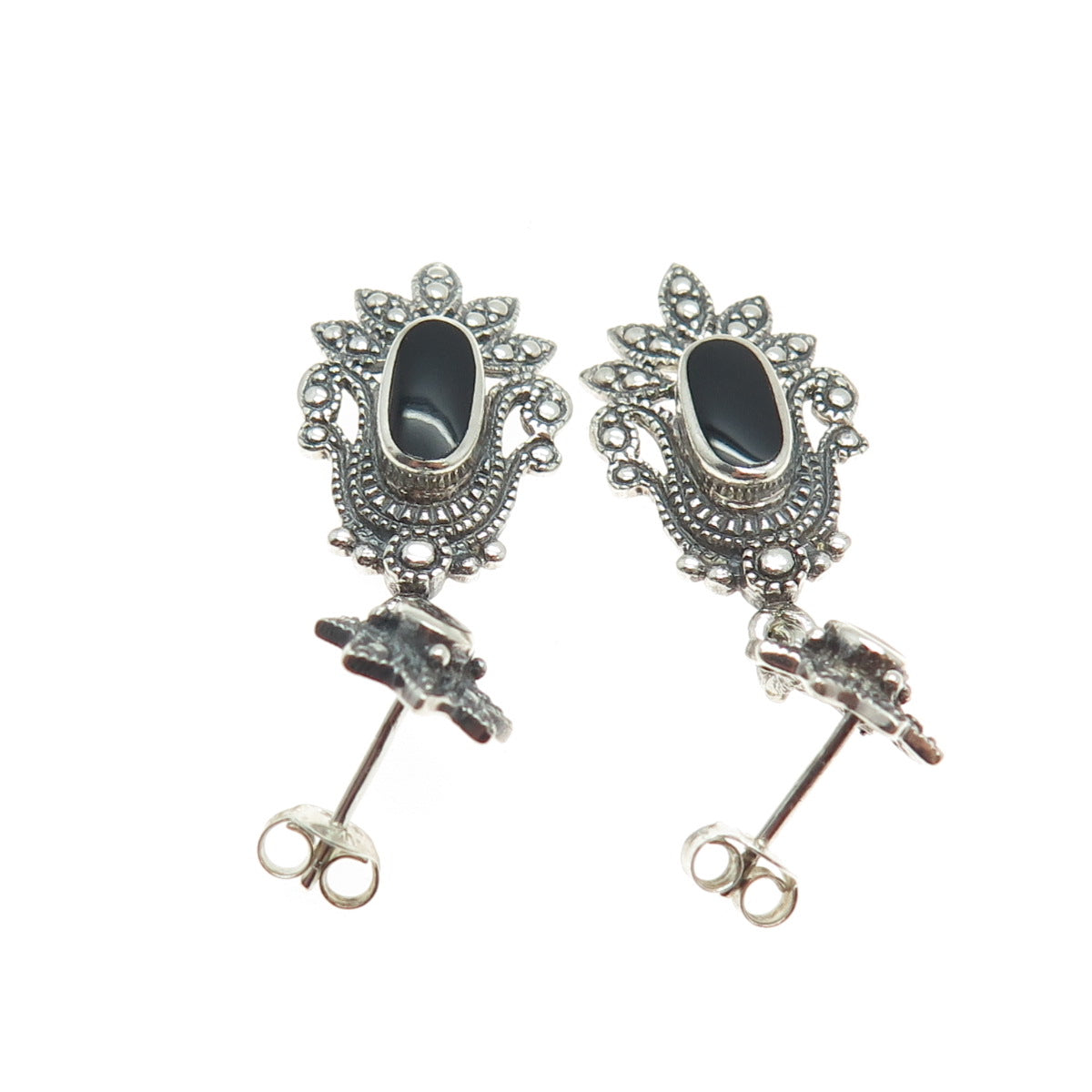 CHAPAL ZENRAY 925 Sterling Silver Vintage Black Onyx Oxidized Dangle Earrings