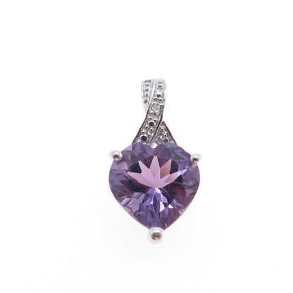 SAI 925 Sterling Silver Real Diamond Accent & Heart-Cut Amethyst Mini Pendant