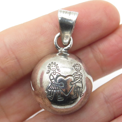 925 Sterling Silver Vintage Mexico Girl & Boy Love Harmony Ball Pendant