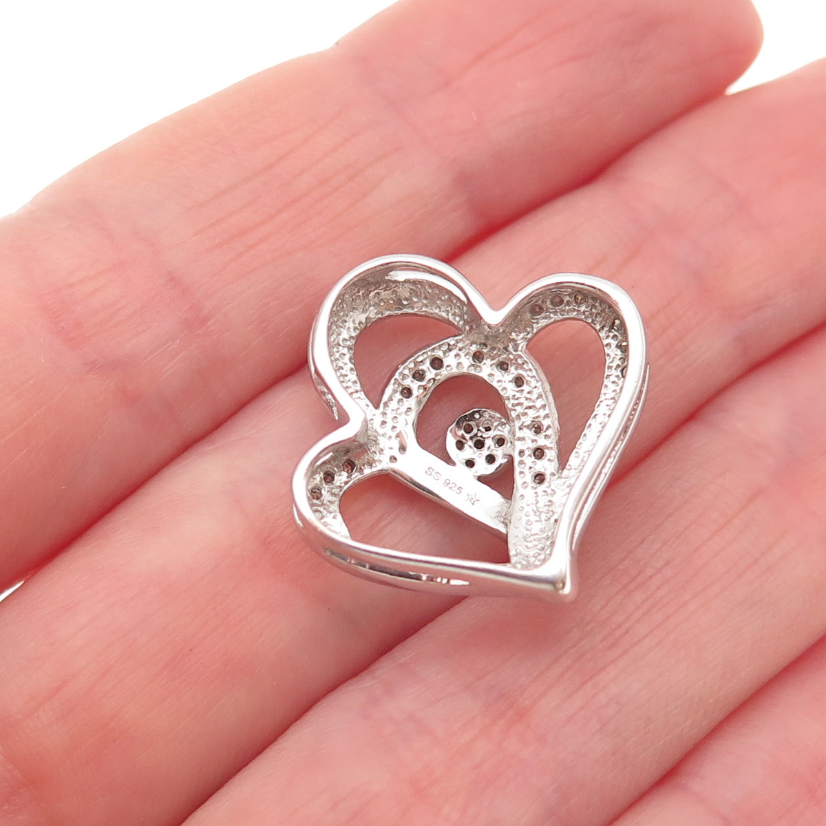 925 Sterling Silver Real Round-Cut Diamond Heart Couple Mini Slide Charm Pendant