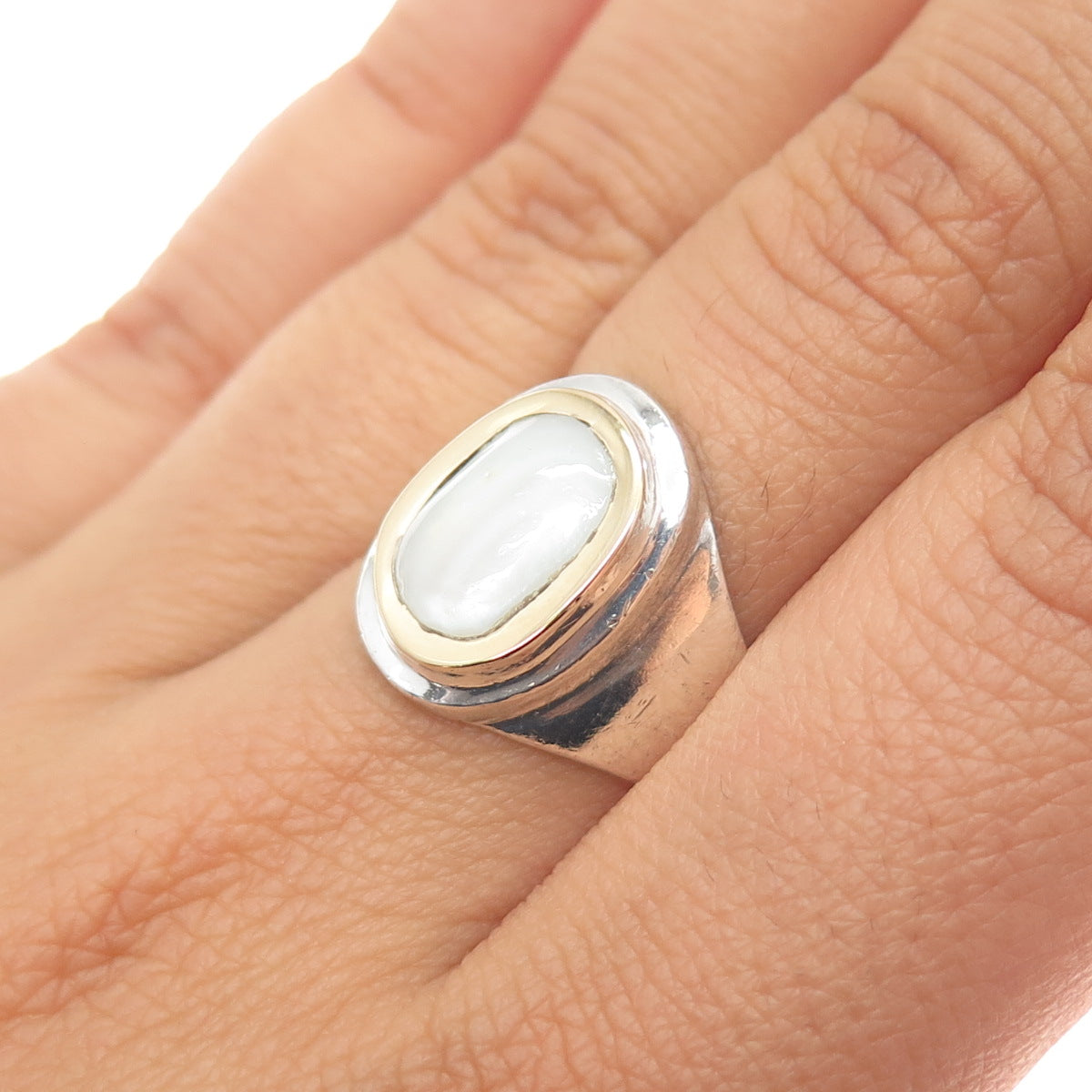 18K Gold & 950 Silver Vintage Real Mother-of-Pearl Modernist Ring Size 7.25