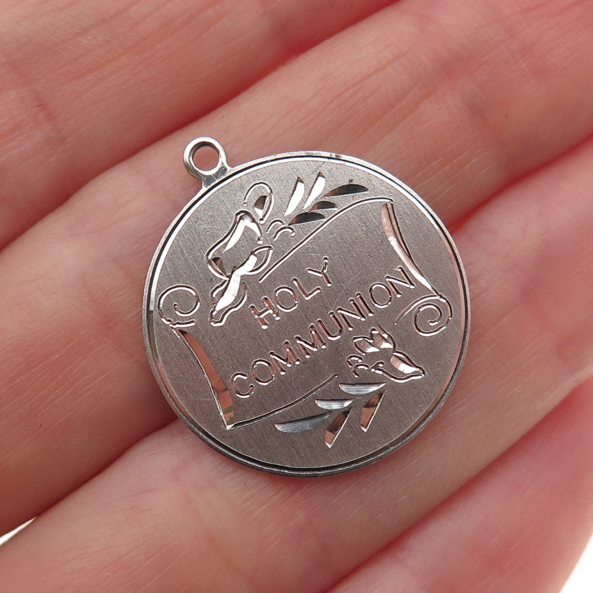 925 Sterling Silver Vintage Holy Communion Round Tag Charm Pendant