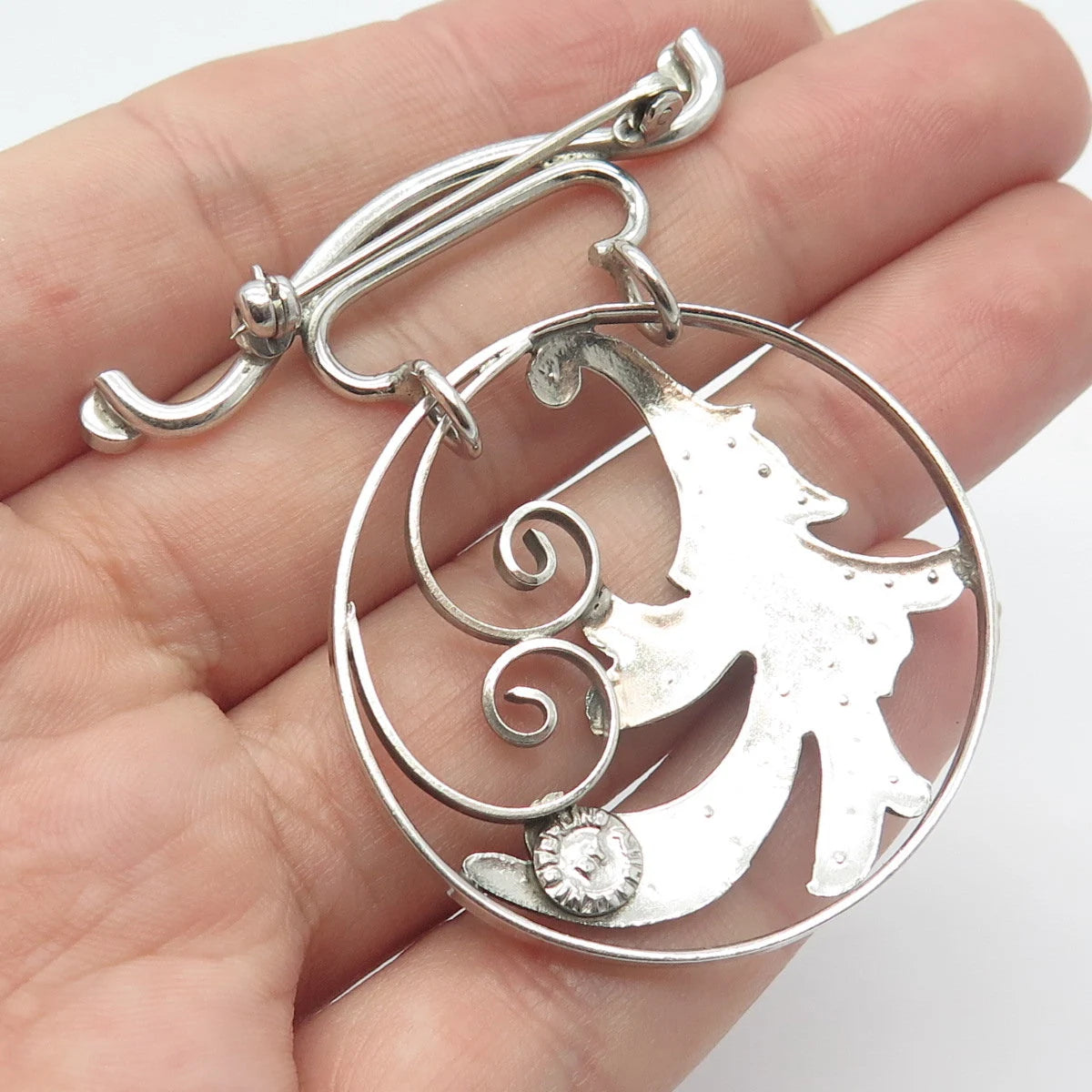 925 Sterling Silver Antique Rhinestone Ornate Round Pin Brooch