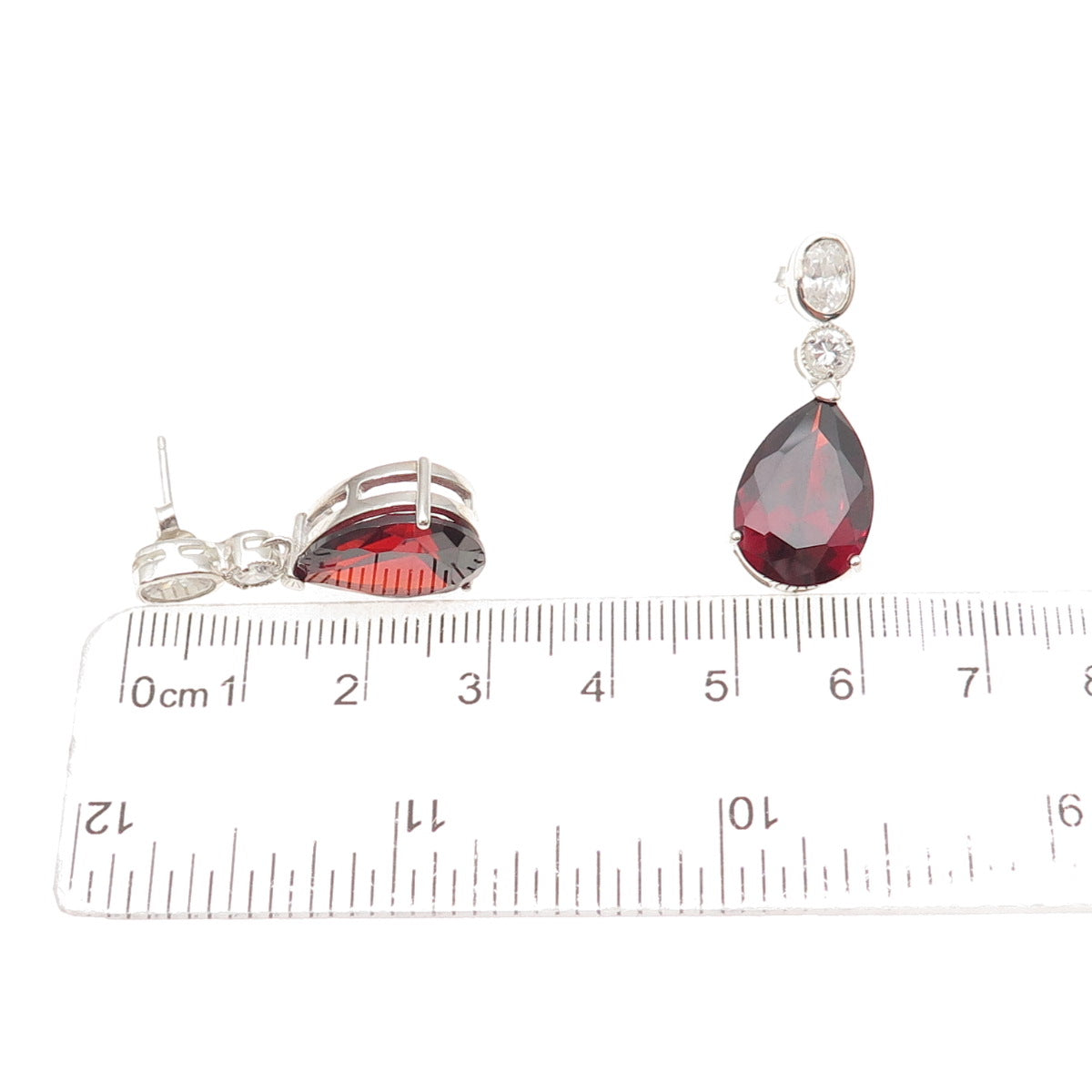 925 Sterling Silver Vintage Real Red Garnet & C Z Teardrop Dangle Earrings