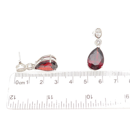 925 Sterling Silver Vintage Real Red Garnet & C Z Teardrop Dangle Earrings