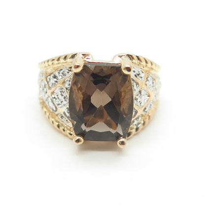 925 Sterling Silver Gold Plated Real Diamond Accent & Smoky Quartz Ring Size 6