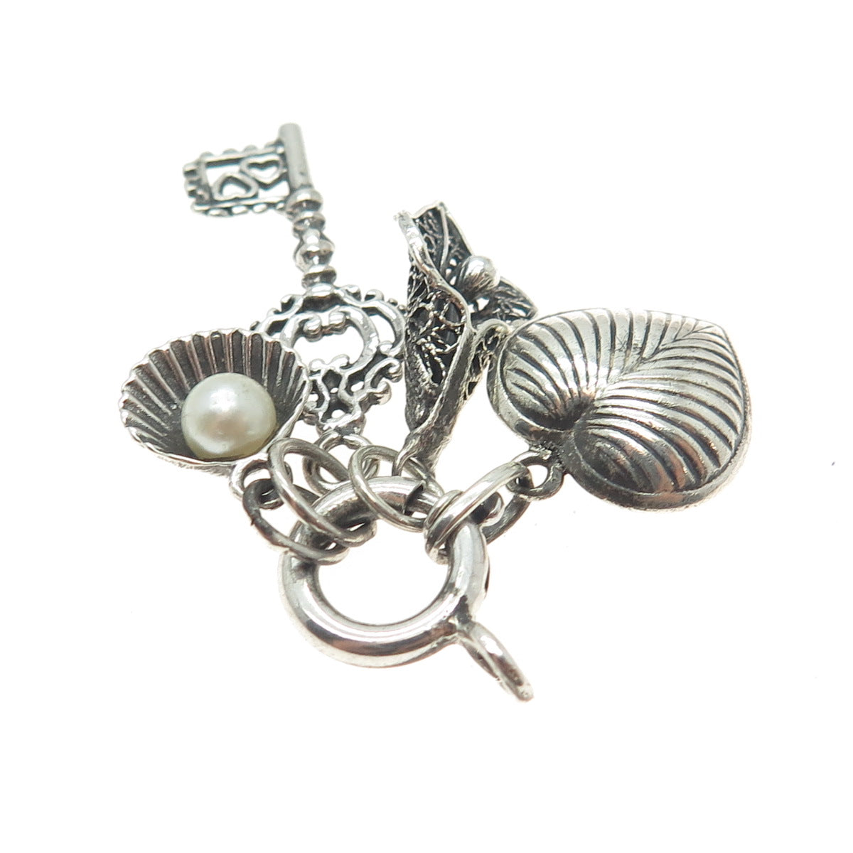 925 Sterling Silver Antique Real Pearl Heart Key Seashell & Calla Flower Pendant