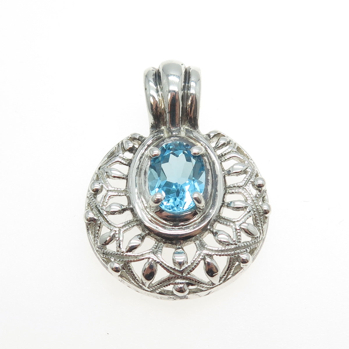 925 Sterling Silver Real Oval-Cut Blue Topaz Ornate Pendant